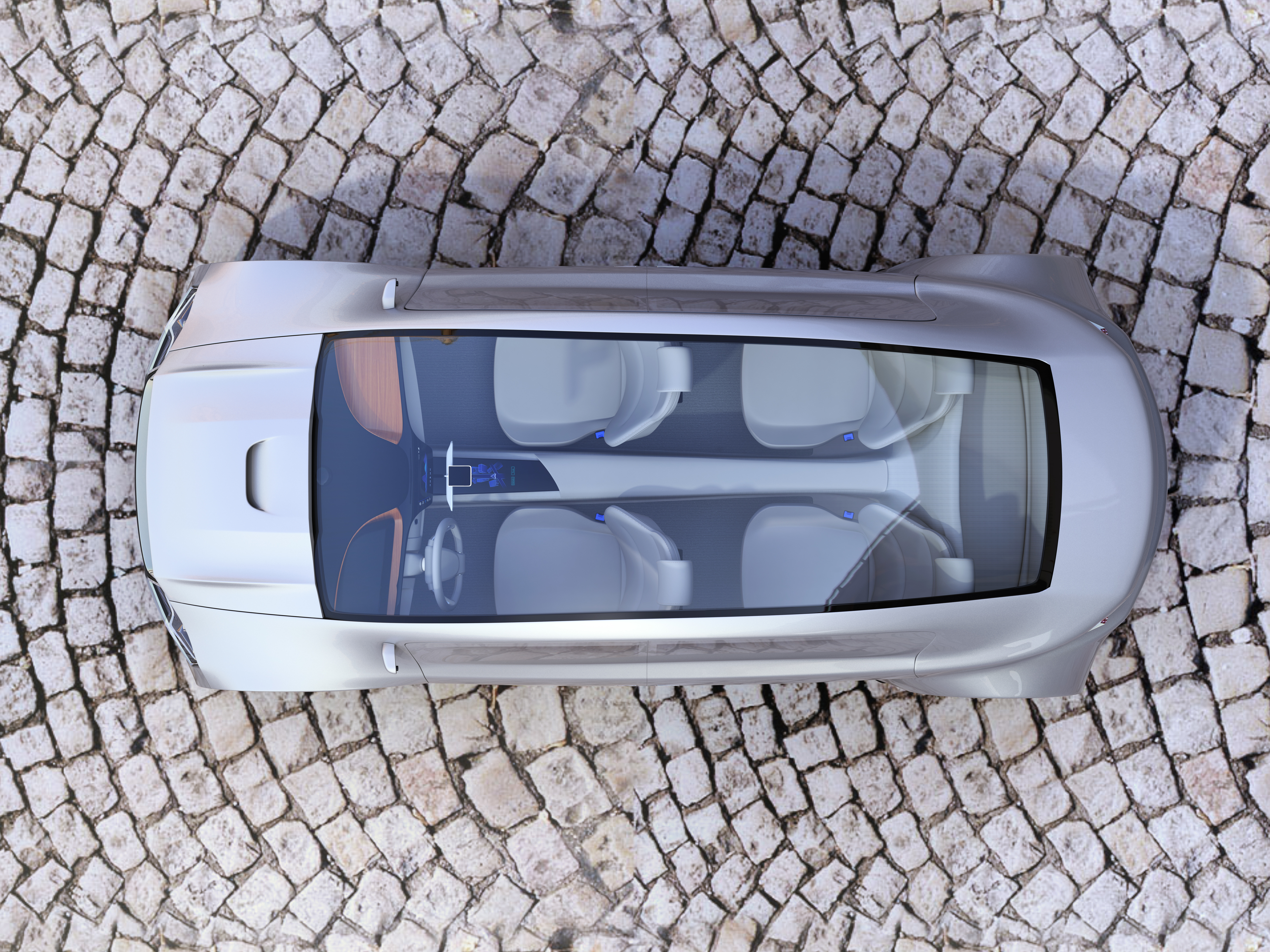 Top view of autonomous car on cobblestone ground. 3D rendering image.